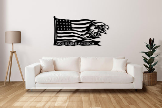 God Bless America Metal Wall Art – Patriotic Flag and Eagle Decor, Rustic Metal Sign, Gift for Veterans, USA Wall Decoration